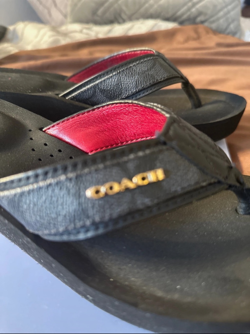 Coach Black Leather Flip Flop Sandals with Red Accents